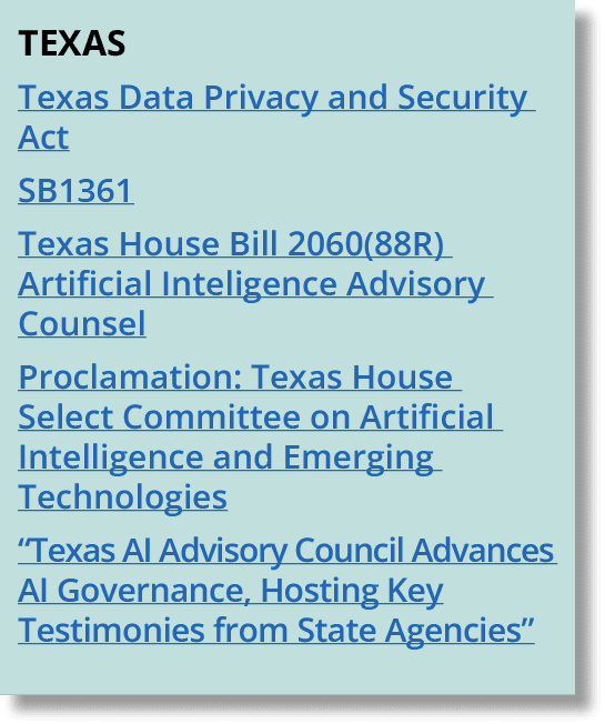 Texas Texas Data Privacy and Security Act SB1361 Texas House Bill 2060(88R) Artificial Inteligence Advisory Counsel P...