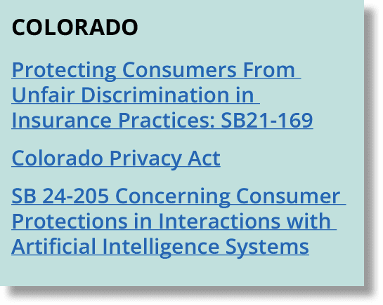 colorado Protecting Consumers From Unfair Discrimination in Insurance Practices: SB21 169 Colorado Privacy Act SB 24 ...